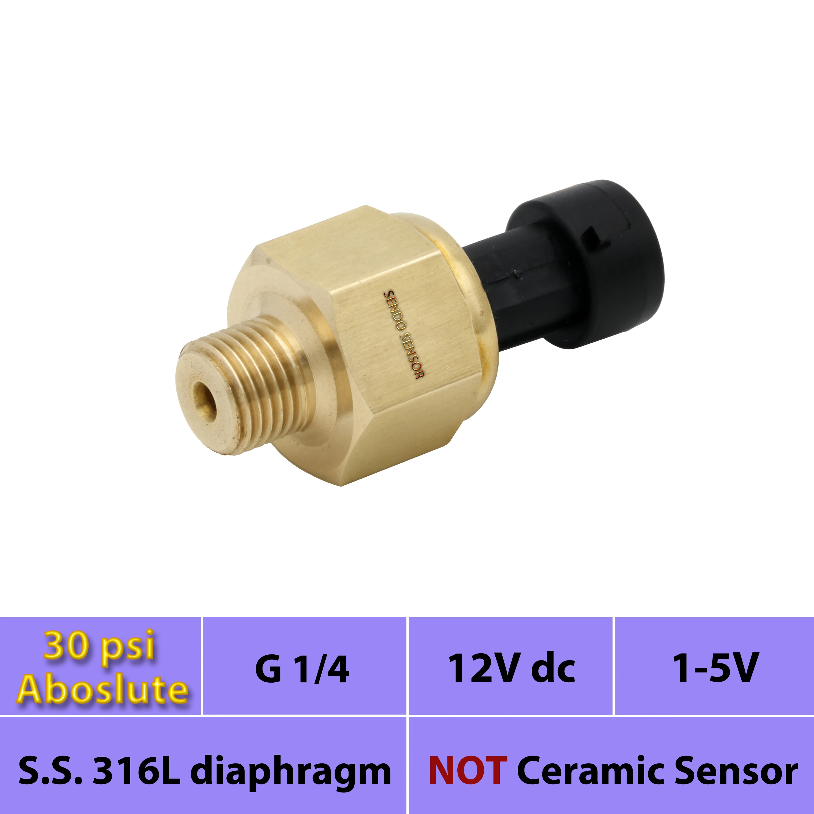 high accuracy pressure sensor 2bar 200Kpa 30psi absolute 12V 24Vdc input 1 to 5V diaphragm AISI 316L thread G1 4 high accuracy pressure sensor 2bar 200Kpa 30psi absolute 12V 24Vdc input 1 to 5V diaphragm AISI 316L thread G1 4