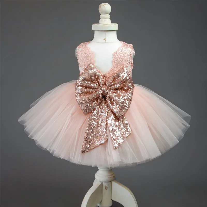 

Berngi New High Quality White and Pink Cotton Baby Princess Dress V collar Sequined Big bowknot Little Girl Party dresses