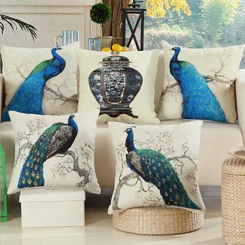 

High Quality Peacock Style Cotton Linen Pillow Covers soft Decorative bedding pillow cases home decor pillow cover 45*45cm