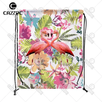 

Watercolor Tropical floral and a Pair of flamingos Bird Print Custom individual Nylon fabric Drawstring Backpack gift bag