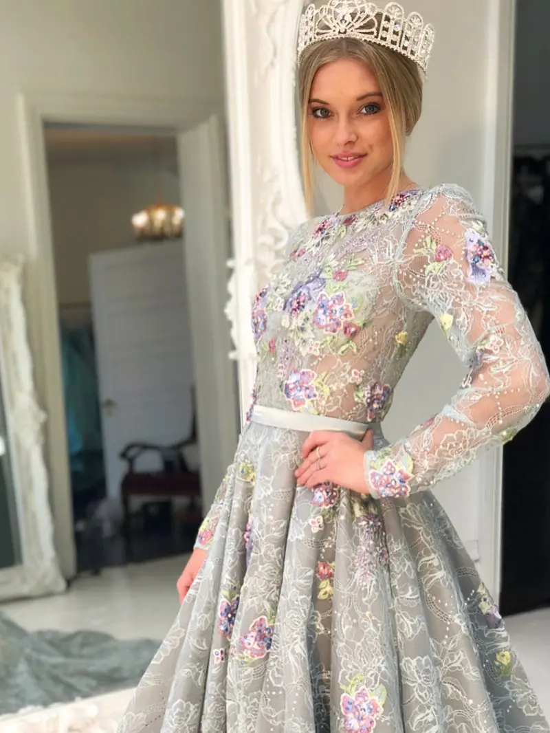 Long Sleeve Lace Evening Gowns 2018 Princess Prom Dress