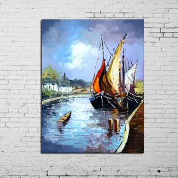 

Fashion seascape Modern living room decor handpainted large canvas oil painting sea boat landscape abstarct picture wall art