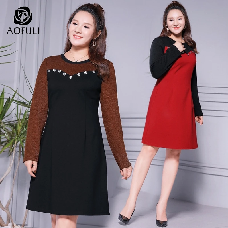 

L~ XXXXXL Knitted Patchwork Office Ladies Dress For Autumn New Fashion Sweetheart Design Buttons Decoration AOFULI A3888