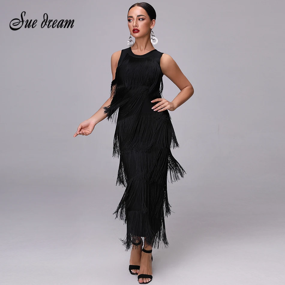 2018 Women's Elegant Black Fringe Long Dress Summer O Neck Sleeveless