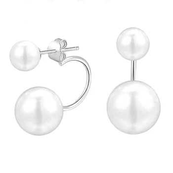 

2020 New Arrival Real Pure 925 Sterling Silver Double Natural Round Pearl Beads Stud Earrings Jewelry Nice Party Gift