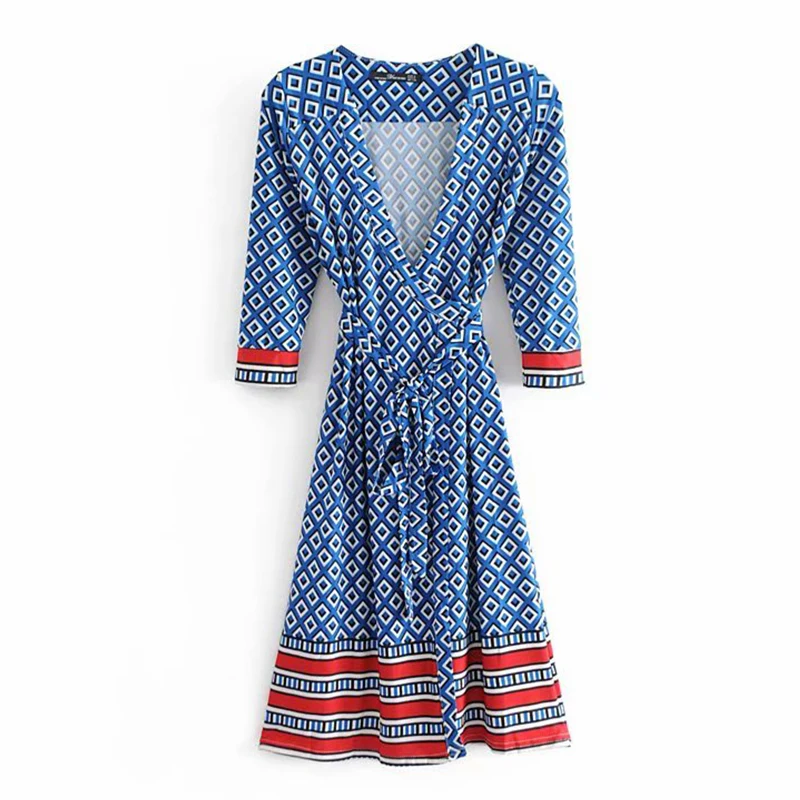 Women's Clothing Dress 2019 Vintage Knit Plaid V-Neck Waist Tie Wrap Dress Ms Summer Street Sexy Slim Fit Temperament Clothing