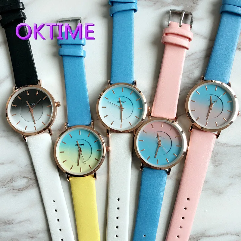 

2018 Hit Color Dial Simple Female Watch,Ultra Thin Rose Gold Dial Female Double Colors Leather Strap Watch