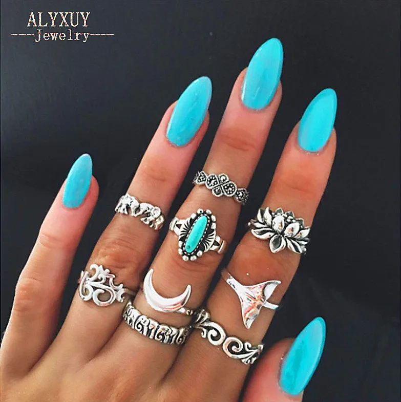

Antique silver Fish tail lotus finger ring set New vintage trendy jewelry gift for women girl R5044