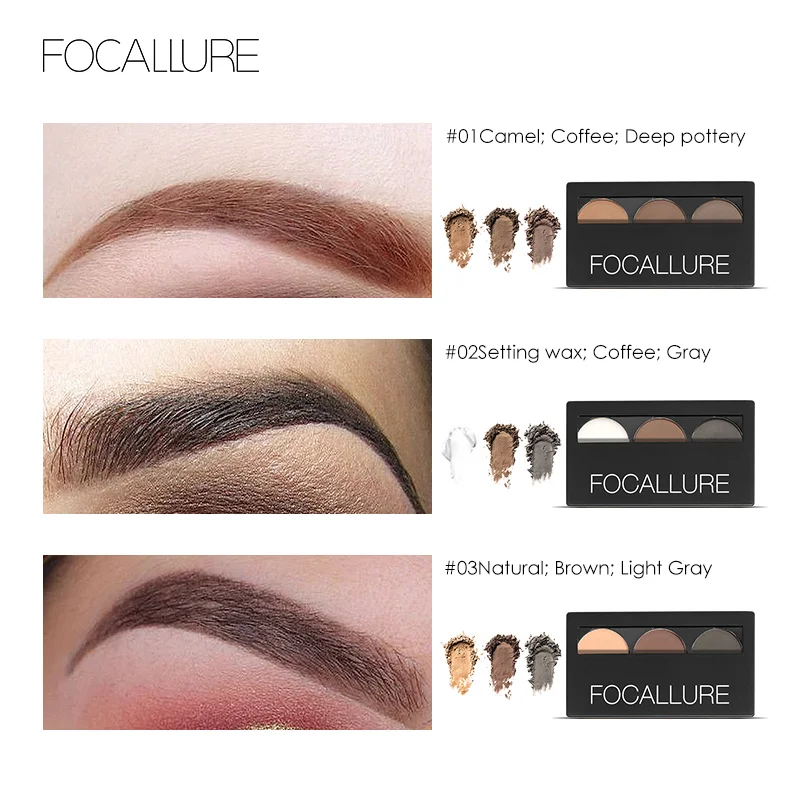 

Focallure 3 colors Eyebrow powder palette waterproof brown black powder for eyebrow professional women beauty eyes makeup