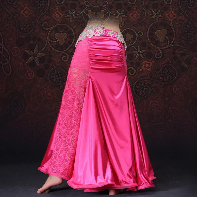 Одежда для танца живота, профессиональная длинная юбка с рыбьим хвостом, кружевная Женская сатиновая юбка для танца живота(без пояса