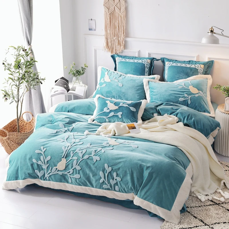 

blue embroidery Bedding Set Fleece fabric Bed Sheet Comforter Duvet Cover Bedclothes Adult Queen King Size Linens 4/7pcs