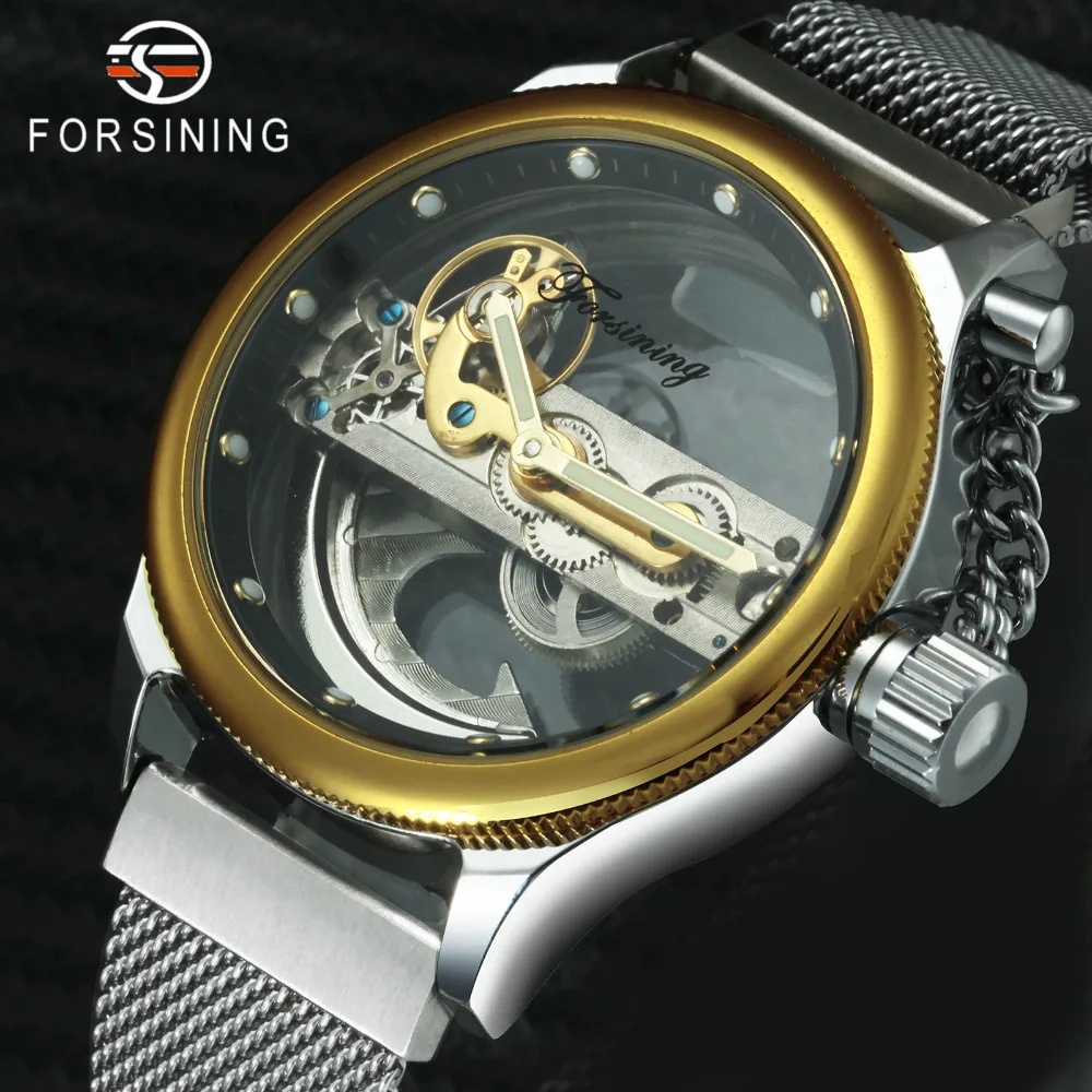 FORSINING модные классические Золотой мост автоматические механические часы для мужчин магнит сетчатый ремешок золотая цепочка Корона