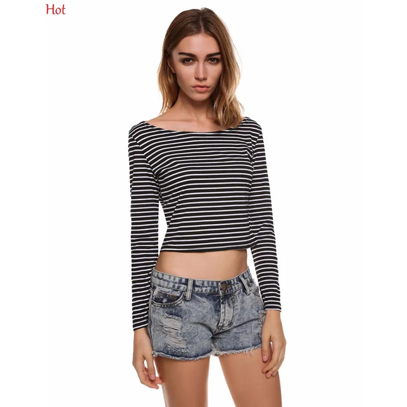 Fashion Sexy Women Croped Tops Long Sleeve Striped T shrit Hot Clubwear ...