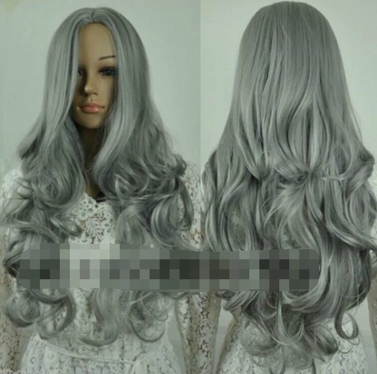 

sexy women ladies long dark silver grey wavy Peruca HAIR cosplay Peluca Heat Resistant Ladies Long Wavy Synthetic Anime Perruque