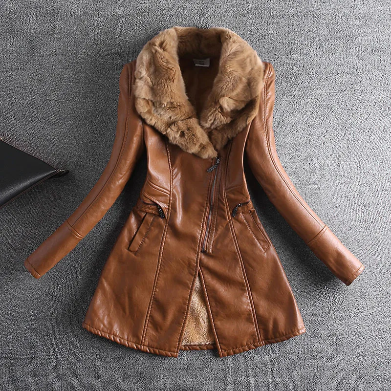 

2019 autumn and winter new slim fur collar leather PU long jacket thick leather jacket women female outerwear ladies clothing