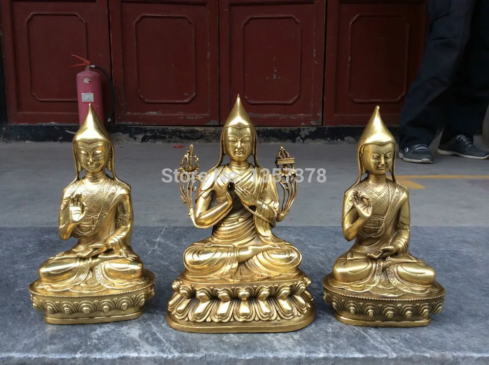 

shitou 00582 from Tibetan Buddhist bronze LA MA BUDDHA, Tsongkhapa buddha statue 20cm 3 piecs