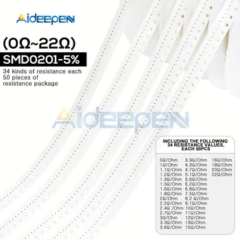 

1700pcs/Pack SMD 0201 5% Resistor Kit Assorted Kit 1 ohm -10M ohm