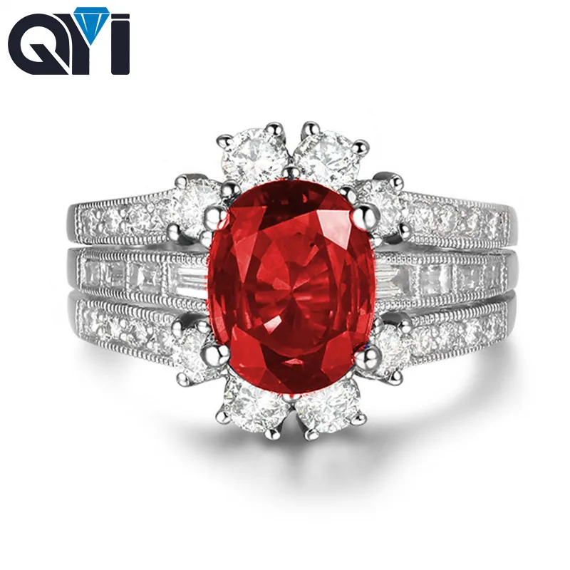 

QYI 925 Sterling Silver Simulated Ruby Halo Engagement Rings 2 ct Oval Cut Red Sona Stone Jewelry Women Wedding Rings