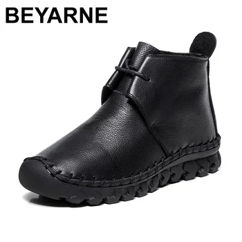 

BEYARNE Women Ankle Boots Handmade 100% Genuine Leather Flat Woman Boots Spring Autumn Round Toe Lace Up Shoes Female Footwear