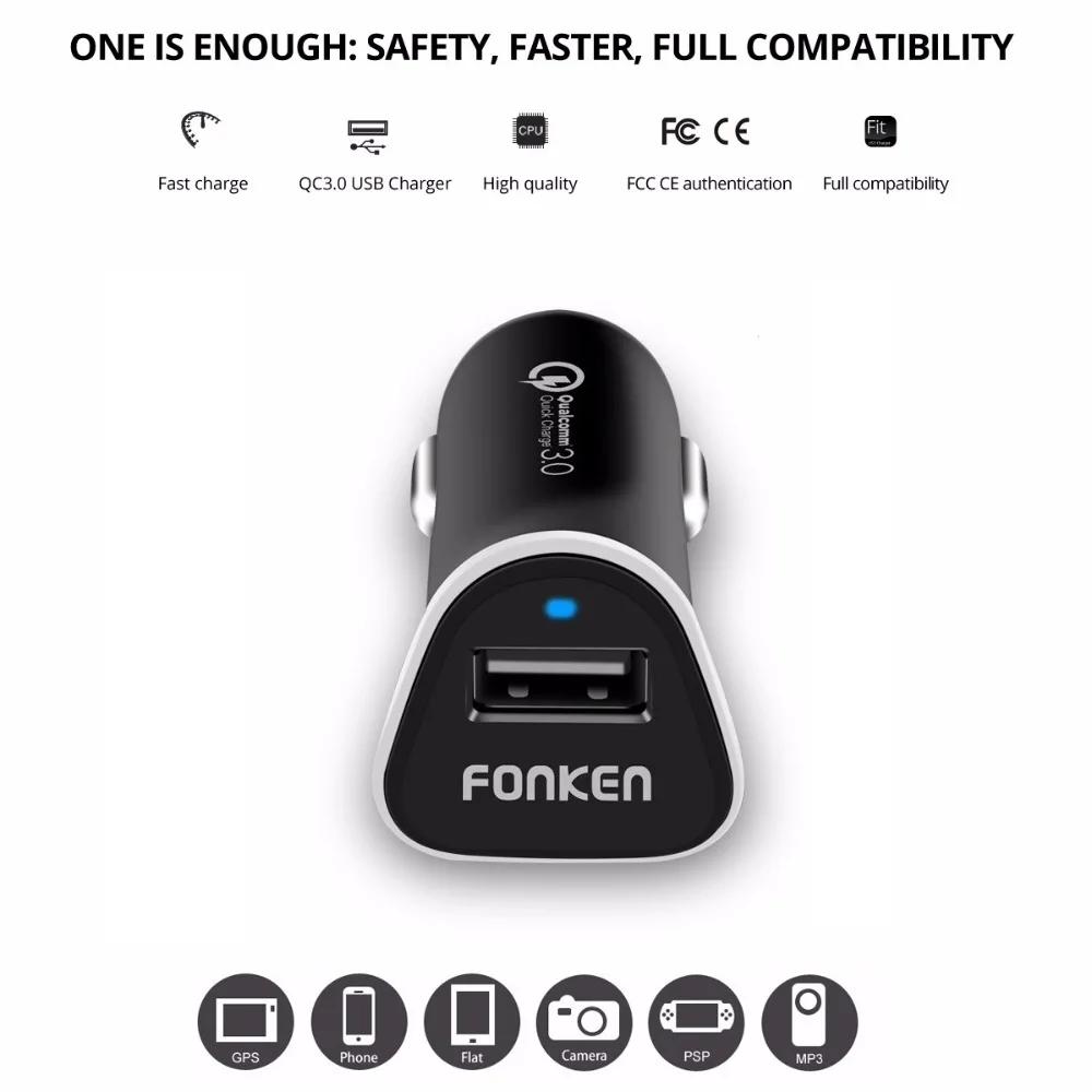 Fonken شاحن سيارة تهمة سريع 3.0 سيارة usb شاحن الهاتف شاحن محمول عالمي سريع ذكي السلطة تبديل الصمام الخفيفة
