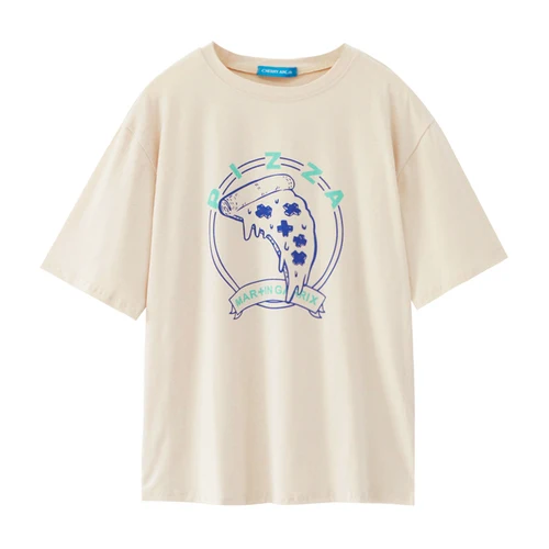 

Cartoon Funny Pizza Printed Cotton Simple Fashion 2019 Summer Hot Sale New Arrival Vacation Holiday Female Women T-shirts