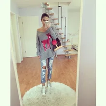 christmas t shirt for women gray sequined beads deer Women Long Sleeve Knitwear Jumper Casual Pullovers T Shirt