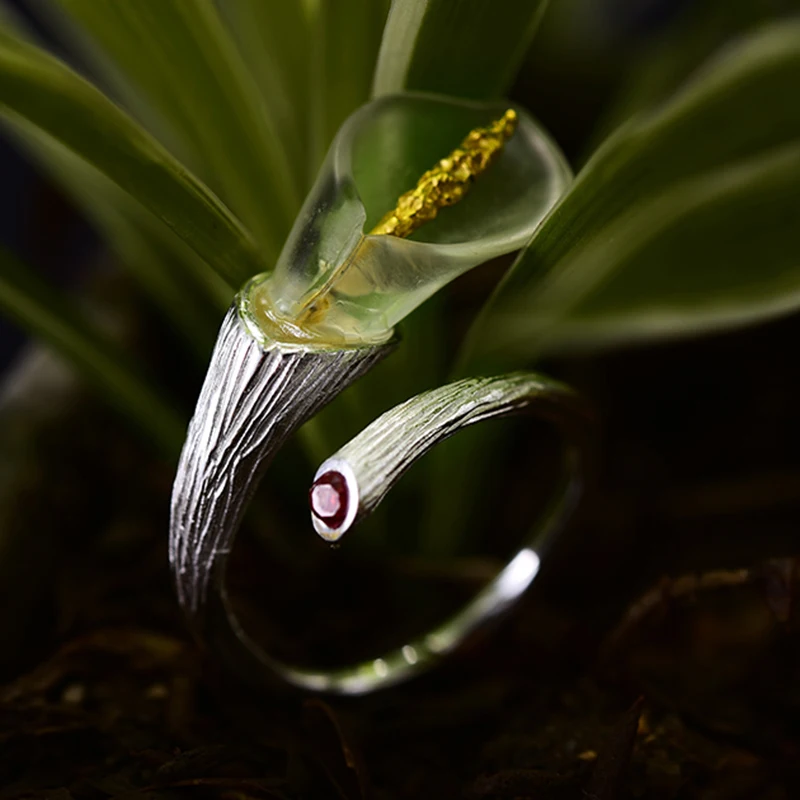 Lotus Fun Real 925 Sterling Silver Ring Natural Handmade Designer Fine Jewelry Calla Lily Flower Ring Adjustable Rings Women