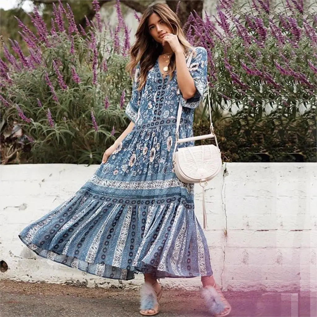 

Jastie Boho Hippie Navy Gown Casual Silhouette Flowing Summer Dress V-neck Kimono Sleeve Floral Print Dresses Women Midi Dress