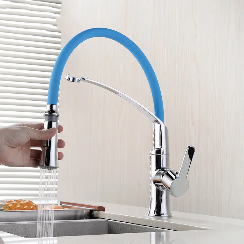 MOIIO New design Kitchen Faucet with Rubber Design Mixer Pull Out Deck Mounted Brass Black/Blue Pull down Kitchen Sink Faucet