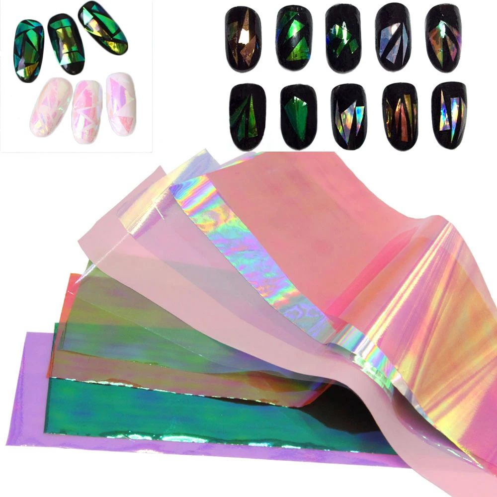 5/10/20 Colors 3D Holographic Broken Glass Foils Finger Nail Art Mirror Stickers Glitter Stencil Decal DIY Manicure Design Tools