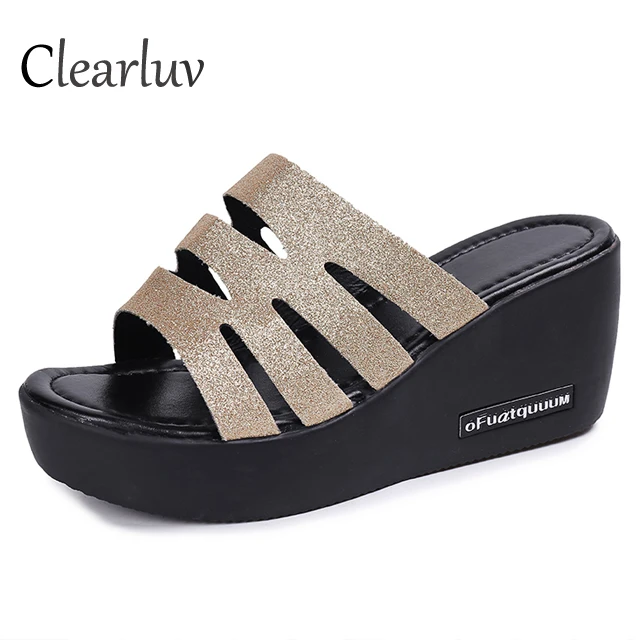 

2019 summer thick-soled sandals wedges sequins hollow muffin bottom breathable with 7cm shopping dating sequins sandals C1519
