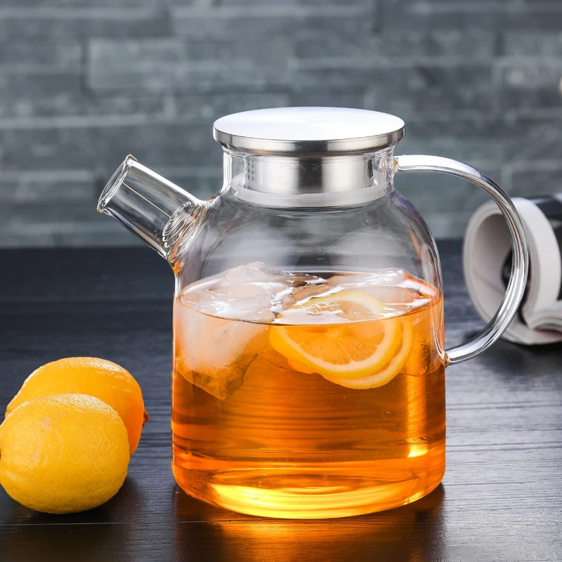Online 1000ml 1800ml Glass Kettle Water Jug Heat Resistant Flower Teapots with Bamboo Lid Stainless Steel Cover Clear Juice Container
