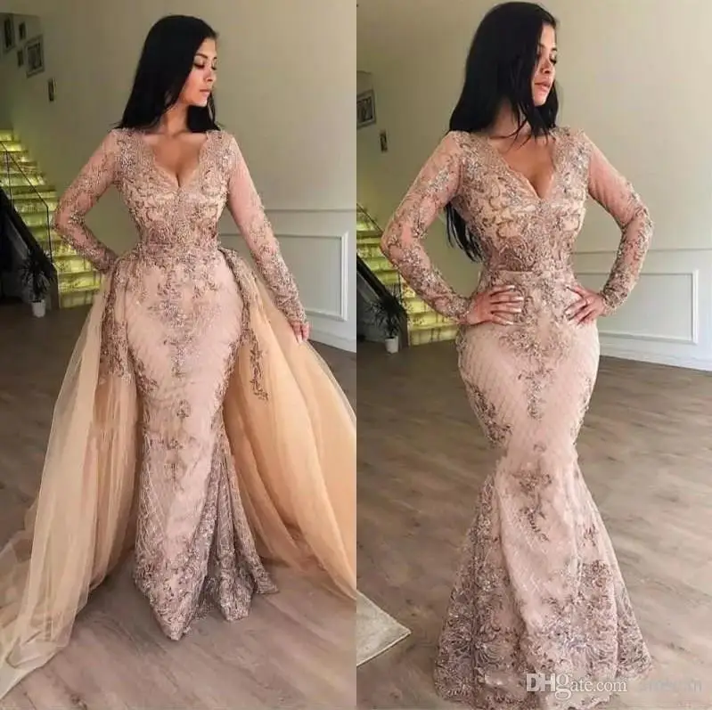 0912019 New Sexy Mermaid Prom Dresses Long Sleeve overskirt Hand Made Flowers Appliques Overskirts Sweep Train Party Evening Gowns