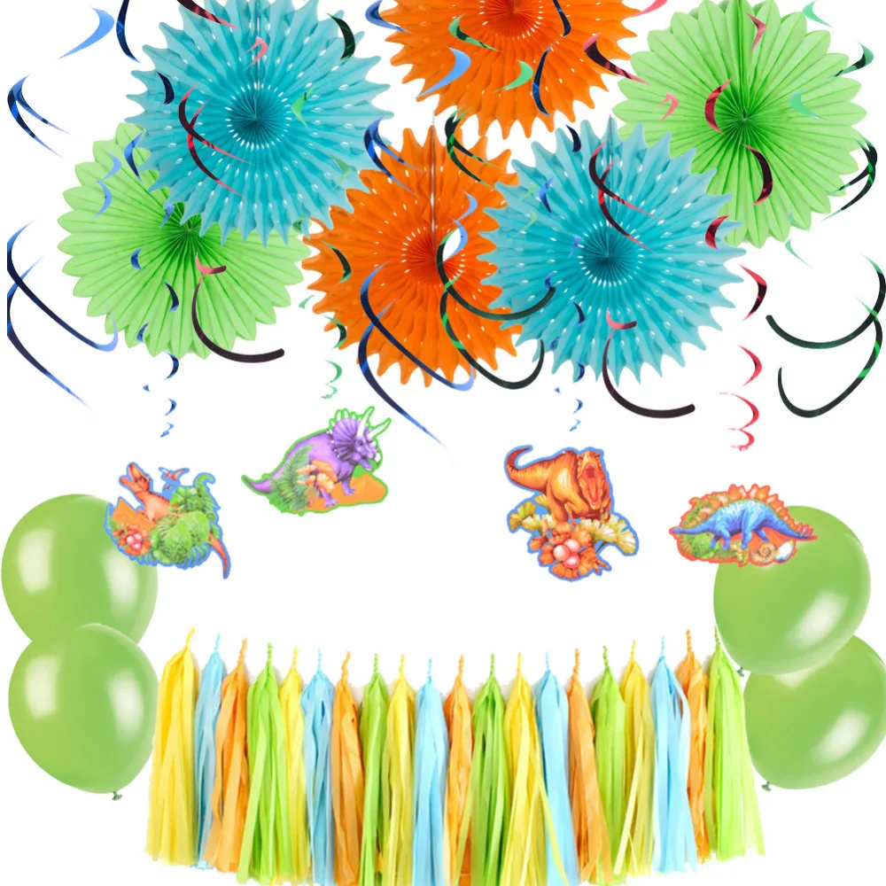 Вечерние украшения в виде динозавра, Висячие закрученные бумажные вентиляторы, гирлянда с кисточками, воздушные шары для маленьких мальчиков, принадлежности для вечеринки в честь Дня Рождения динозавра