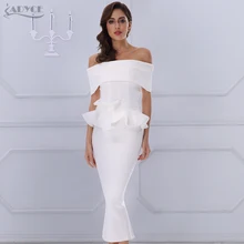 Adyce 2018 New Women Bodycon Dress White Slash Neck Short Sleeve Vestidos Bow&Ruffles Ankle Length Celebrity Evening Party Dress