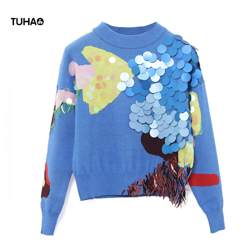 

TUHAO Autumn Winter Sweaters O-neck Sequined Knitted Tops Fashion Streetwear Women Sweater Pullovers Pull Femme TS7333