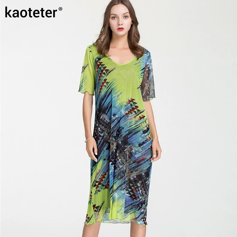 

100% Silk Women's Dress Female Print V-neck Double-layer Woman Short Sleeves Summer Dresses
