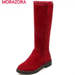 MORAZORA/модные удобные на плоской подошве и низком каблуке; показать тонкие колено высокие сапоги с круглым носком из флока Большие размеры