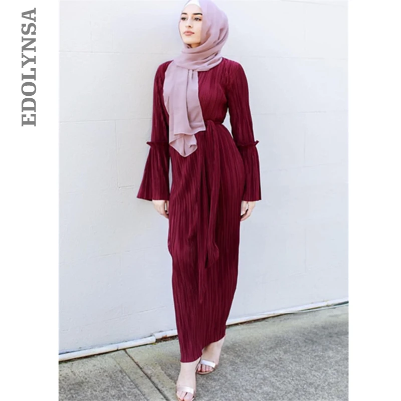 

2019 Abaya Long Sleeve Dress Maxi Muslim Saudis Abaya Robe Pakistani Dress With Belt Turkish Dress Purple Islamic Clothing D607