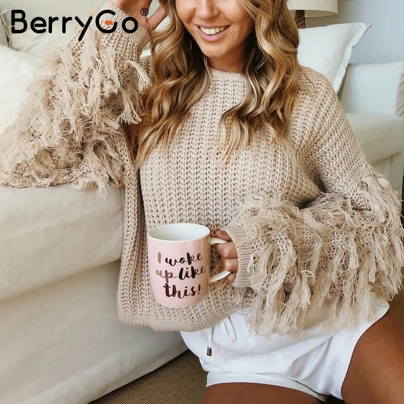 Женский свитер с длинным рукавом BerryGo повседневный армейский зеленый круглым