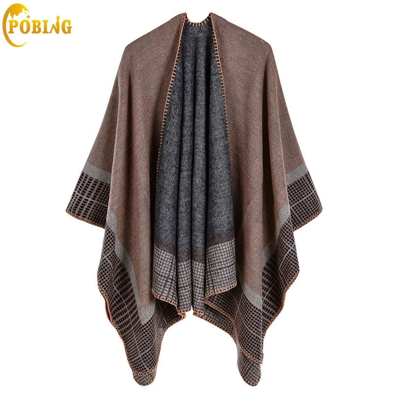 

POBING New Women Poncho Winter Cashmere Scarf Unisex Basic Solid Plaid Scarves Vintage Big Pashmina Shawls And Wraps Lady Cape