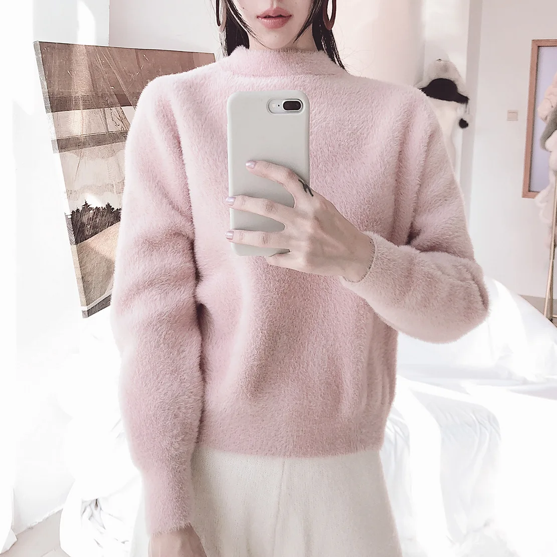 

Winter pullover sweater women rabbit's hair blend Imitate mink cashmere knitted pullover sweater thick pullover sweater pm9139