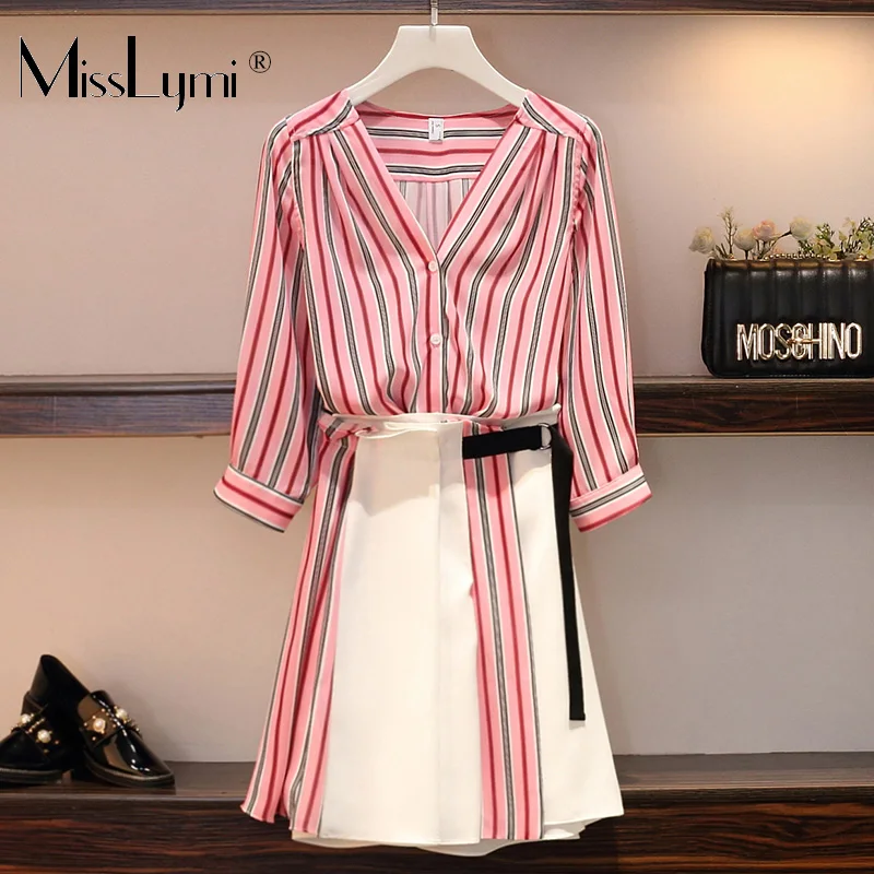 

L-4XL Plus Size Women Two Piece Set Summer 2019 France Elegant V-neck Striped Chiffon Shirts and Patchwork A-Line Skirts White