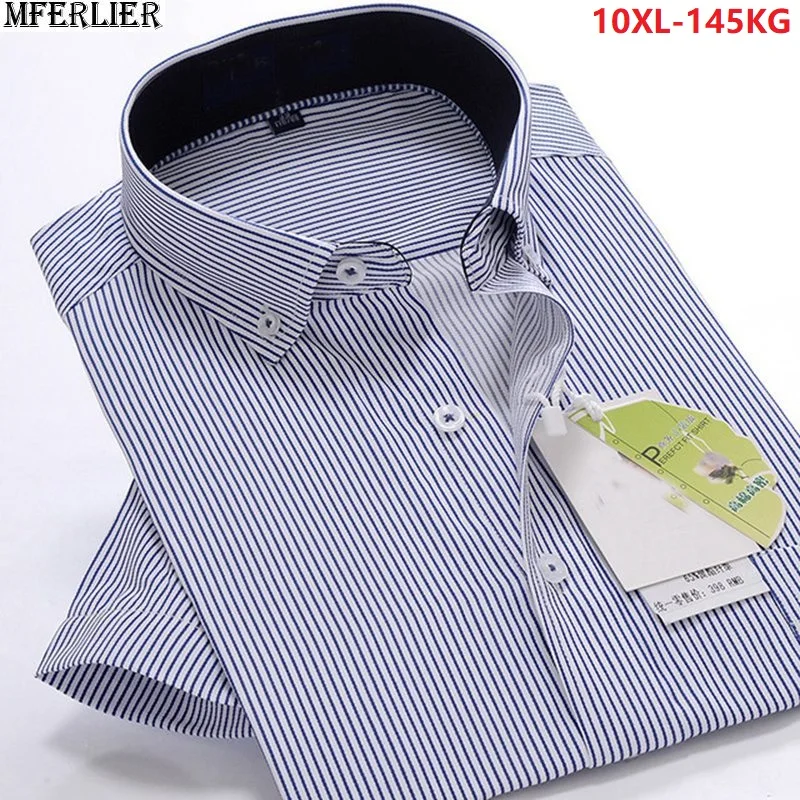 

high quality men plaid striped shirt short sleeve summer plus size 8XL 9XL 10XL oversize patchwork pockets husband loose shirt