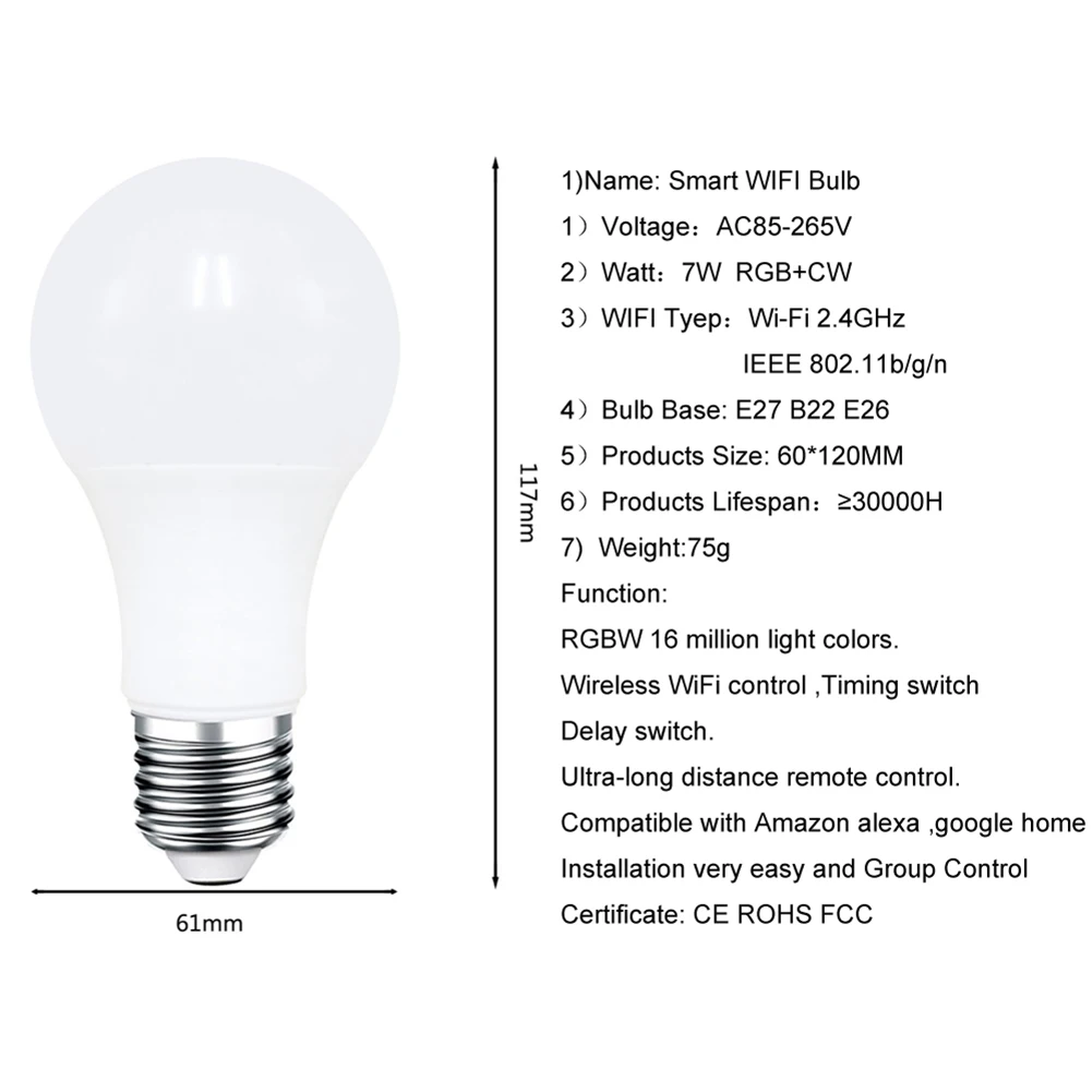 E27 B22 wifi-патрон, умный свет лампы, с регулируемой яркостью, многоцветные, Wake-Up, RGB светодиодный светильник, 7 Вт/совместим с Alexa и Google Assistant