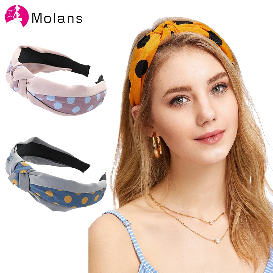 

Molans 2019 Dot Knot Hairbands 3.1cm Width Solid Satin Center Dot Printed Headbands for Women Fashion Knotted Non-slip Hairband