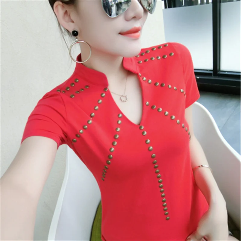 

Riveting tops for women t shirt cotton tee shirt femme casual t-shirt women tshirt rivet top blusa camisetas mujer 2019 white