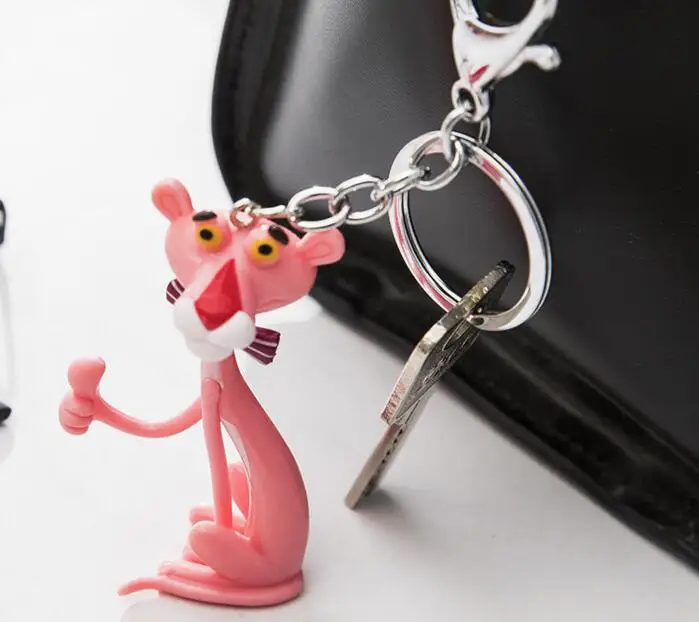 

Cartoon Cute Animal Anime Pink Panther Keychain Action Toy For Key Rings Bells Key Chains Women Car Bag Charms Pendant
