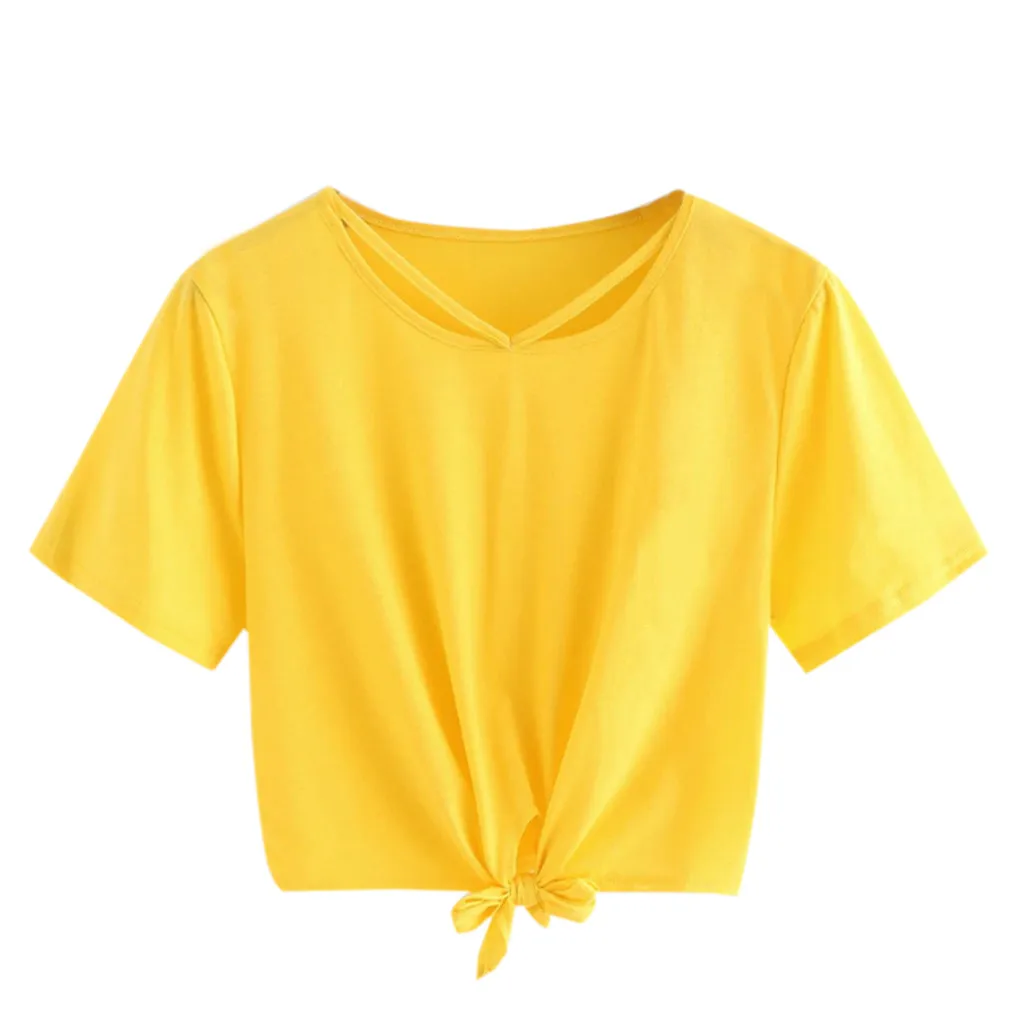 Женская короткая футболка, повседневная однотонная с коротким рукавом, с вырезами, бандажный Топ, Короткие топы, рубашка, модная футболка, женская футболка - Цвет: Yellow