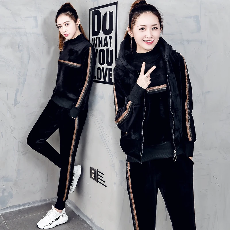 

women tracksuit sportswear winter fleece velvet thick hoodies sweashirt+vest+pants running jogging leisure set sports warm suit